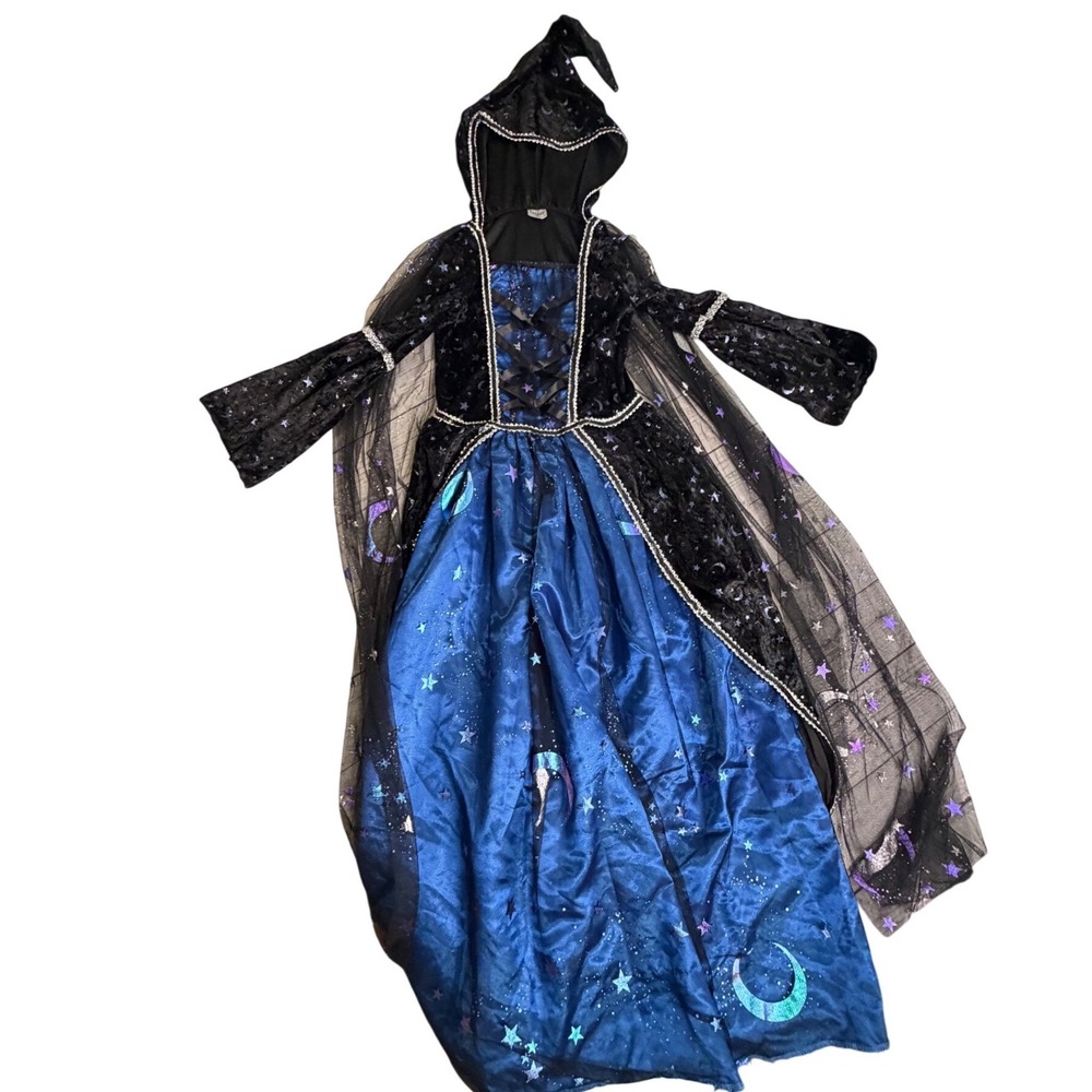 Spirit Halloween Celestial Witch Costume Blue Black Moon Stars Hooded Gown Med